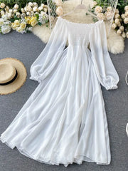 Ingvn - Womens Fashion New Spring Autumn Women Elegant Holiday Dresses Puff Sleeve Slash Neck Off