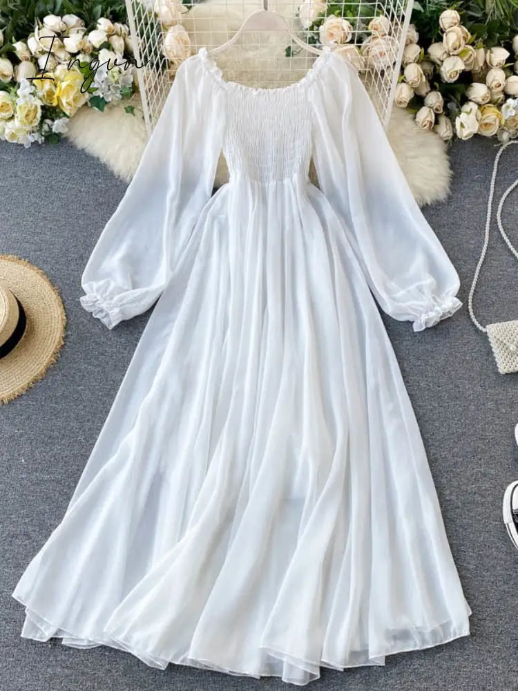 Ingvn - Womens Fashion New Spring Autumn Women Elegant Holiday Dresses Puff Sleeve Slash Neck Off