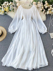 Ingvn - Womens Fashion New Spring Autumn Women Elegant Holiday Dresses Puff Sleeve Slash Neck Off