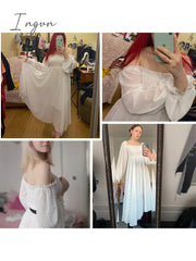 Ingvn - Womens Fashion New Spring Autumn Women Elegant Holiday Dresses Puff Sleeve Slash Neck Off