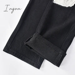 Ingvn - Womens Fashion Skull Patterned Low Rise Jeans Streetwear Women Clothing Black Denim