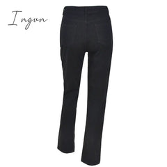 Ingvn - Womens Fashion Skull Patterned Low Rise Jeans Streetwear Women Clothing Black Denim