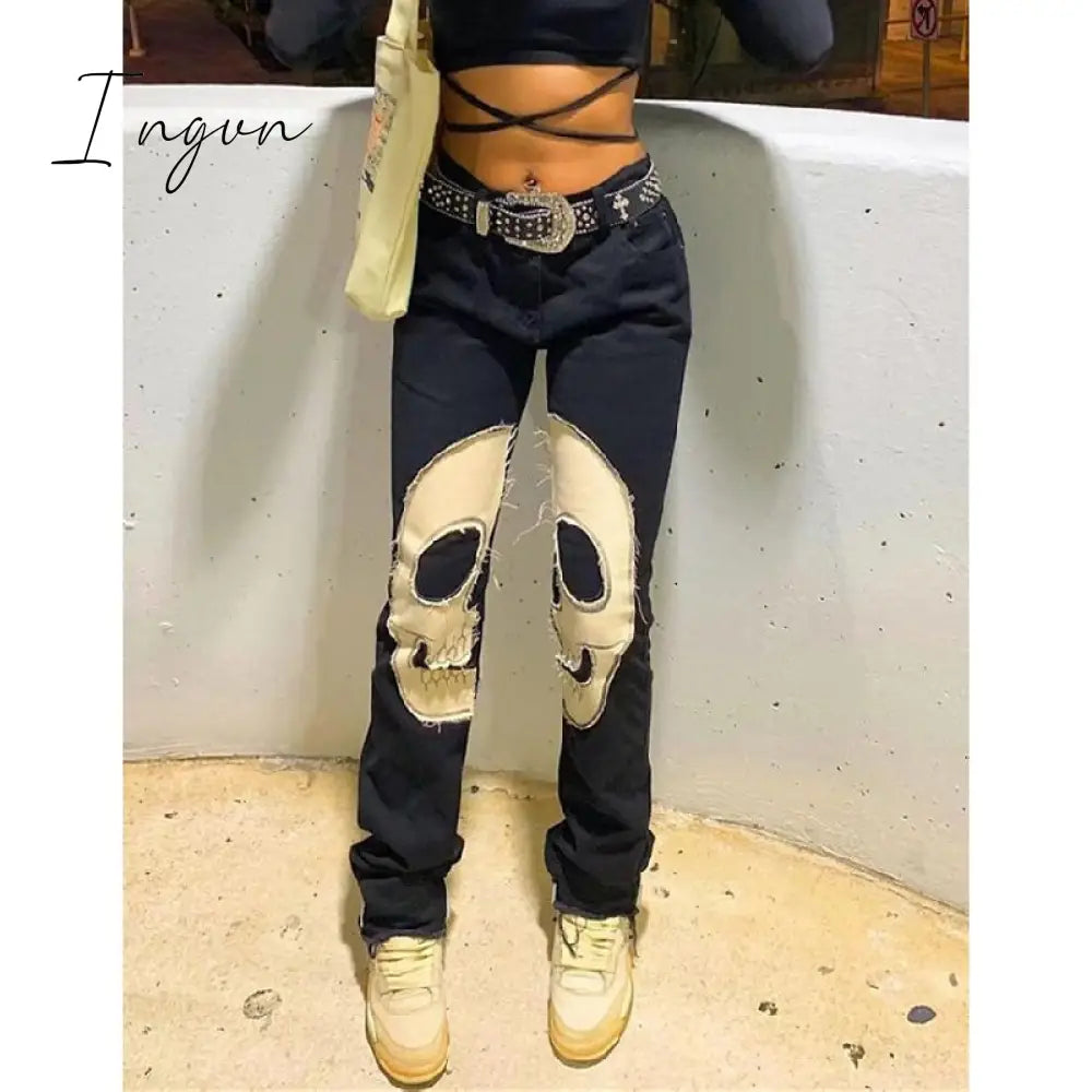 Ingvn - Womens Fashion Skull Patterned Low Rise Jeans Streetwear Women Clothing Black Denim