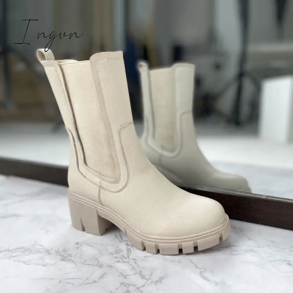 Ingvn - Women’s Fashion Slip On Mid Calf Chelsea Boots White / 5