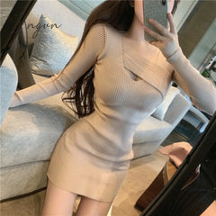 Ingvn - Womens Fashion Spring Autumn Long Sleeve Dress Sexy Club Knitting Dresses Solid Sweet Slim