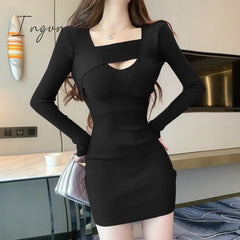 Ingvn - Womens Fashion Spring Autumn Long Sleeve Dress Sexy Club Knitting Dresses Solid Sweet Slim