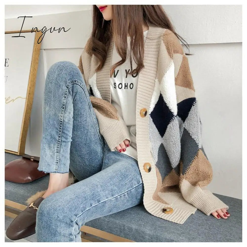 Ingvn - Womens Fashion Spring Winter Women’s Plaid Plus Velvet Warm Knitted Sweaters Cardigans