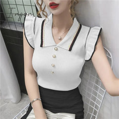 Ingvn - Womens Fashion Trends Summer Korean Slim Crop Tops Women Turn - Down Collar Knitted T -