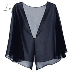 Ingvn - Womens Fashion Women Black Chiffon Bolero Prom Party V - Neck With Button Shrug Elegant