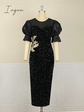 Ingvn - Womens Fashion Women Black Long Dress Sequined Shiny Glitter Embroidered Chest Wrapped Puff