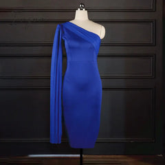 Ingvn - Womens Fashion Women Party Dress Blue Elegant Celebrity Sexy One Shoulder Ruched Ribbon