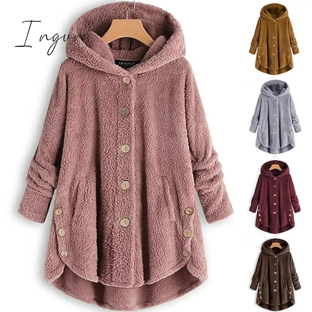 Ingvn - Women’s Fleece Jacket Pullover Sherpa Teddy Button Front Pocket Claret Turmeric Black