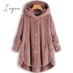 Ingvn - Women’s Fleece Jacket Pullover Sherpa Teddy Button Front Pocket Claret Turmeric Black