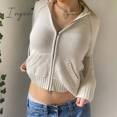 Ingvn - Women’s Full Zip Knit Hoodies Casual Sweaters Solid Color Long Sleeve Drawstring