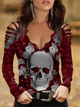 Ingvn - Women’s Going Out Tops Burgundy Tee Blouse Halloween Shirt Black Wine Blue Floral Skull
