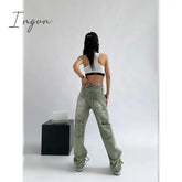 Ingvn - Women’s Green Jeans Vintage Washed Multiple Pockets Wide Leg Pants Casual Street High