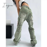 Ingvn - Women’s Green Jeans Vintage Washed Multiple Pockets Wide Leg Pants Casual Street High