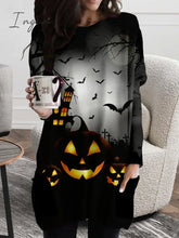 Ingvn - Women‘s Halloween Dress Casual T Shirt Tee Shift Mini Black Long Sleeve Pumpkin Print