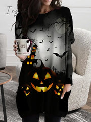 Ingvn - Women‘s Halloween Dress Casual T Shirt Tee Shift Mini Black Long Sleeve Pumpkin Print