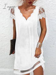 Ingvn - Women‘s Lace Dress A Line Short Mini Black Sleeve Pure Color Spring Summer V Neck Elegant