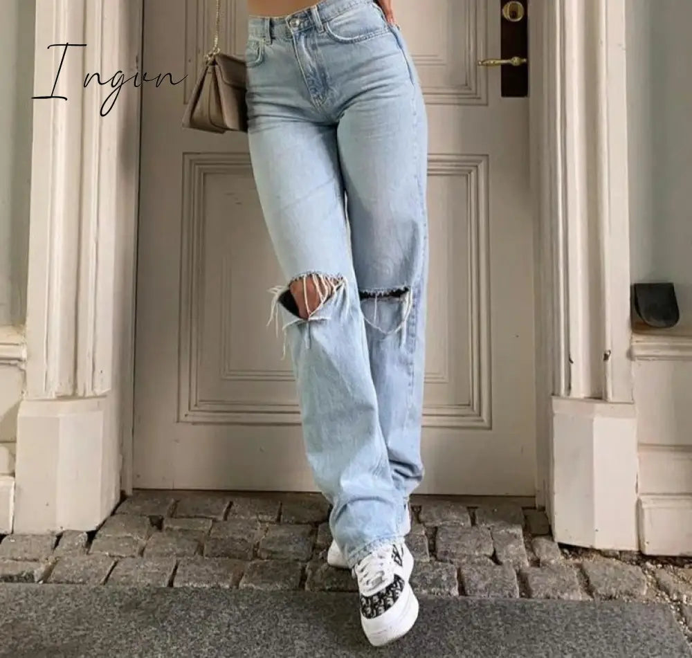 Ingvn - Womens Loose Fit Jeans Ripped Wide Leg For Women High Waist Blue Wash Casual Cotton Denim