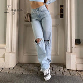 Ingvn - Womens Loose Fit Jeans Ripped Wide Leg For Women High Waist Blue Wash Casual Cotton Denim