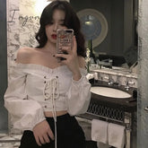 Ingvn - Womens Off Shoulder Top Long Sleeve Ruffle Vintage Blouse With Puff Sleeves Lace Up Ladies