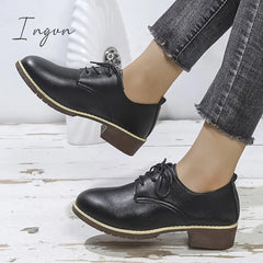 Ingvn - Women’s Oxfords Daily Block Heel Round Toe Casual Minimalism Pu Leather Lace-Up Solid