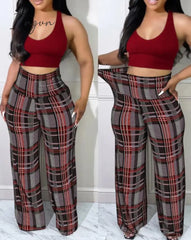 Ingvn - Women’s Pants Autumn Fashion Plaid Print Casual High Waist Daily Long Multi / S Jumpsuits