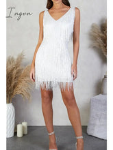 Ingvn - Women‘s Party Dress Fringe Short Mini White Gold Sleeveless Pure Color Tassel Spring