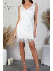 Ingvn - Women‘s Party Dress Fringe Short Mini White Gold Sleeveless Pure Color Tassel Spring