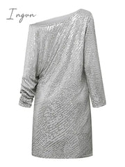 Ingvn - Women‘s Party Dress Sequin Holiday Shift Short Mini White Black Gold Long Sleeve Pure