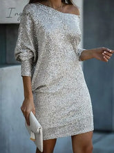 Ingvn - Women‘s Party Dress Sequin Holiday Shift Short Mini White Black Gold Long Sleeve Pure