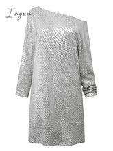 Ingvn - Women‘s Party Dress Sequin Holiday Shift Short Mini White Black Gold Long Sleeve Pure