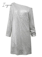 Ingvn - Women‘s Party Dress Sequin Holiday Shift Short Mini White Black Gold Long Sleeve Pure