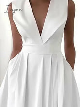 Ingvn - Women’s Party Dress Swing White Midi Sleeveless Pure Color Ruched Summer Spring V Neck