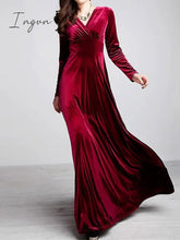 Ingvn - Women‘s Party Dress Wedding Guest Velvet Long Maxi Black Wine Royal Blue Sleeve Pure