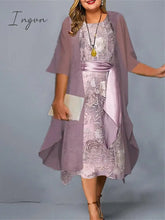 Ingvn - Women’s Plus Size Casual Dress Set Two Piece Floral Midi 3/4 Length Sleeve Crew Neck