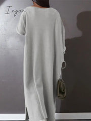 Ingvn - Women’s Plus Size Casual Dress Solid Color V Neck Long Sleeve Winter Fall Basic Maxi Long