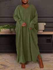 Ingvn - Women’s Plus Size Casual Dress Solid Color V Neck Long Sleeve Winter Fall Basic Maxi Long