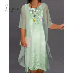 Ingvn - Women’s Plus Size Curve Two Piece Dress Floral Round Neck Print 3 4 Length Sleeve Spring