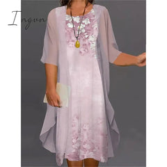 Ingvn - Women’s Plus Size Curve Two Piece Dress Floral Round Neck Print 3 4 Length Sleeve Spring
