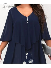 Ingvn - Women’s Plus Size Curve Work Dress Floral V Neck Ruched 3/4 Length Sleeve Spring Summer