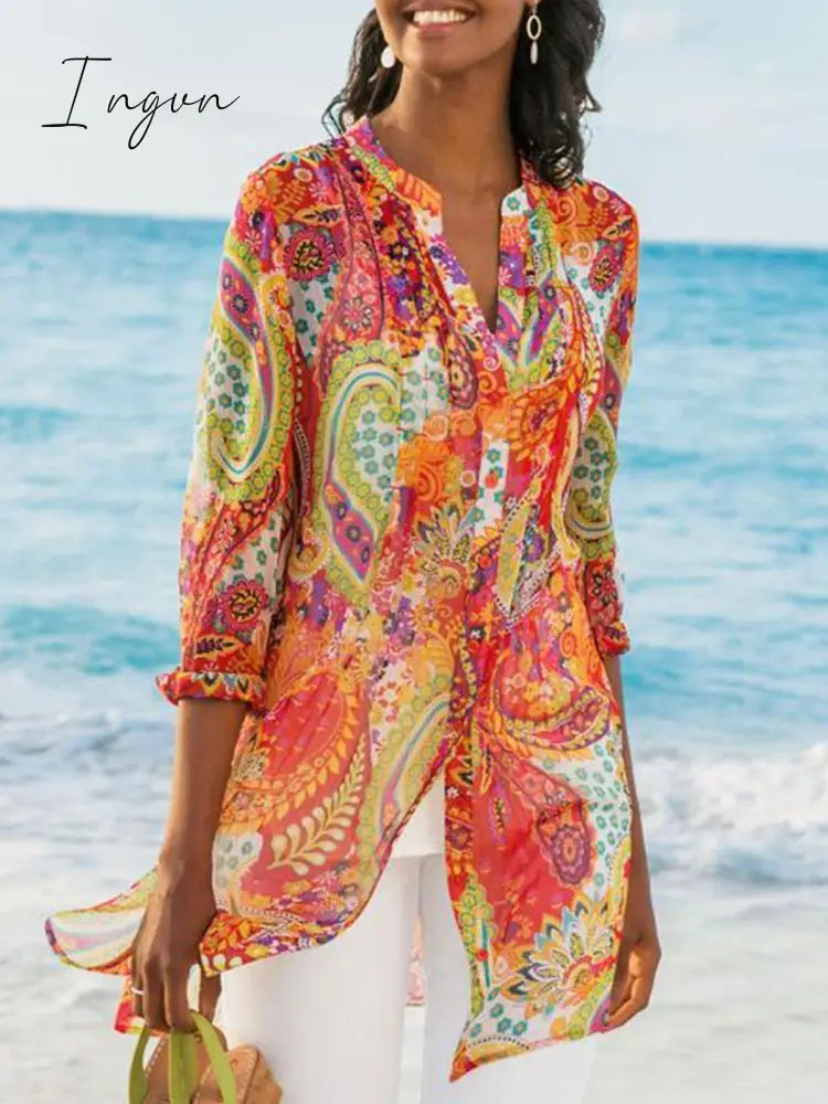 Ingvn - Women’s Printed Casual Loose Plus Size Chiffon Shirts Orange / S Tops