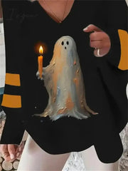 Ingvn - Women’s Pullover Halloween Sweatshirt Basic Black Graphic Casual V Neck Long Sleeve Top