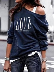 Ingvn - Women’s Pullover Sweatshirt Heart Printed Long Sleeve One Shoulder Tops Autumn Winter