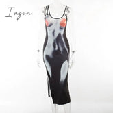 Ingvn - Women’s Sexy And Beautiful Body-Printed Suspender Dress Slim Hip-Lifting Split Long