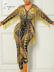 Ingvn - Womens Sexy Bodycon Jumpsuit Vintage Printed Long Sleeve One Piece Outfits With Tassels