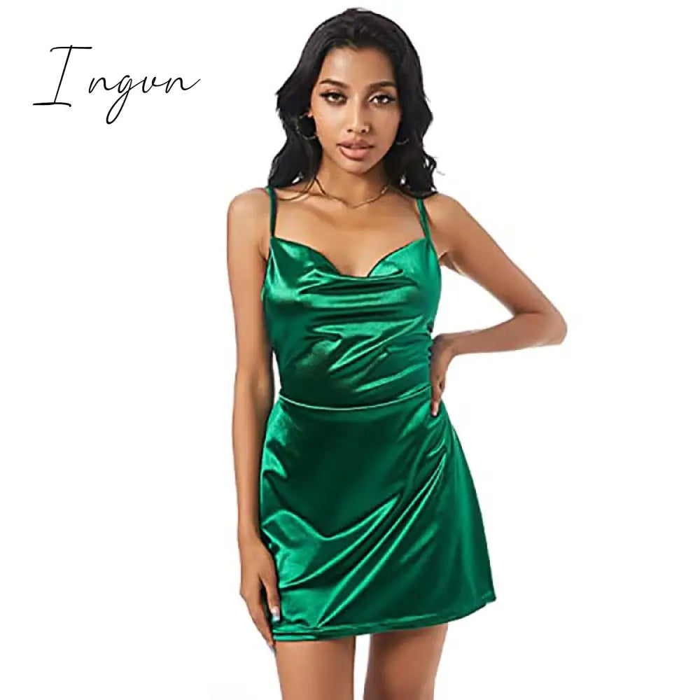 Ingvn - Women’s Sexy Satin Dress Spaghetti Strap Slips Nightwear Side Slit Cocktail Party Silk