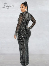Ingvn - Women’s Sexy See Through Rhinestone Bead Mesh Dress Luxury High Neck Long Sleeve Tassels
